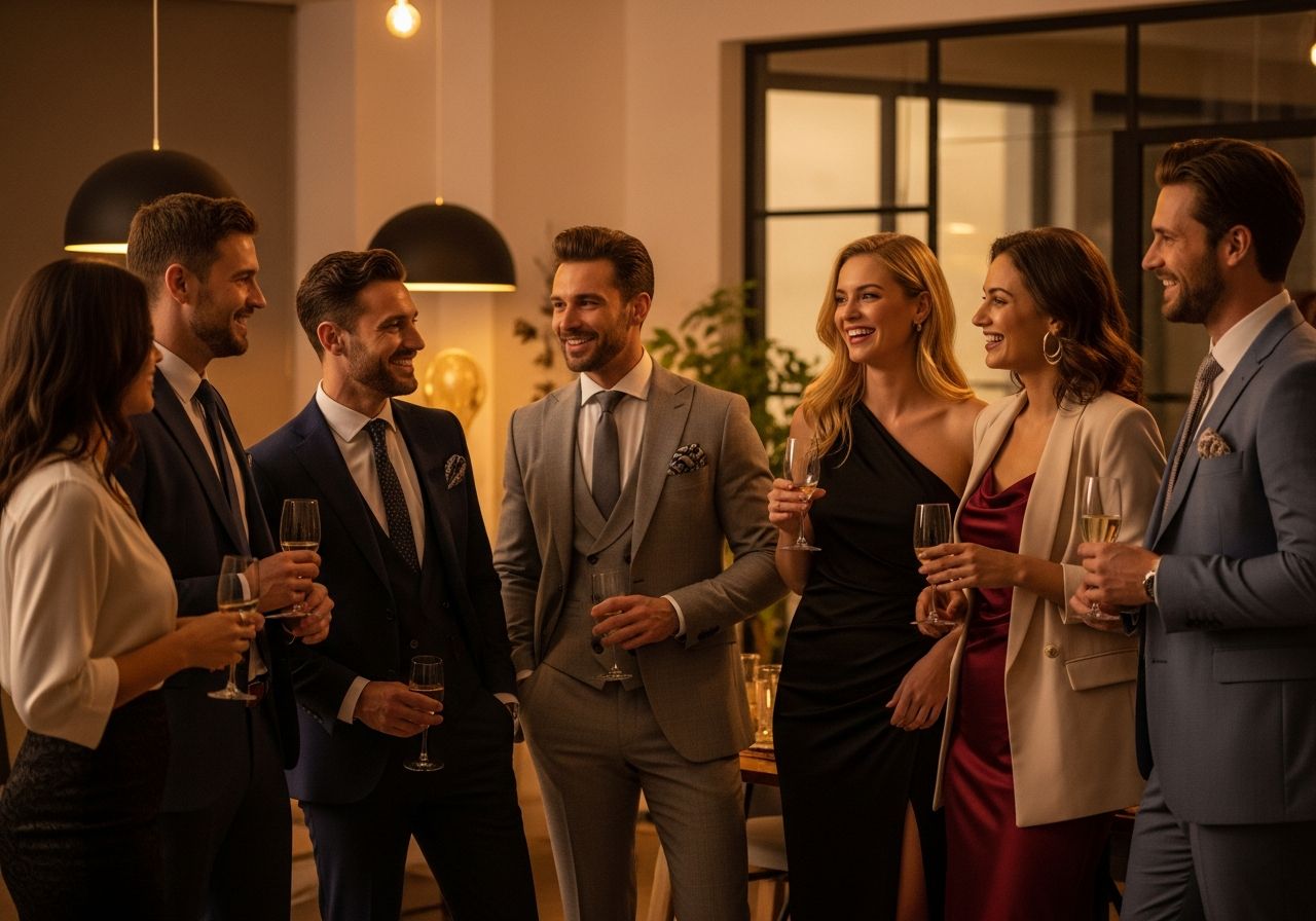 Skupina kolegů v kanceláři na firemní party, smějí se a komunikují v moderním prostředí.