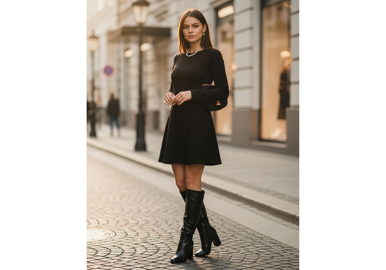 Módní žena v černých šatech a vysokých botách stojí na městské ulici během zlaté hodiny.