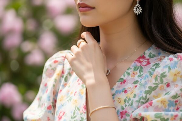 Žena v květovaných šatech s diamantovými náušnicemi a jemnými zlatými šperky v zahradě.