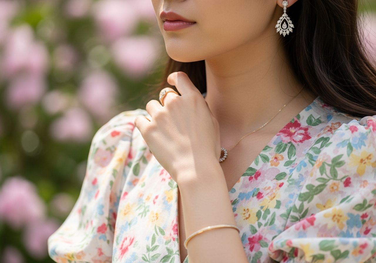 Žena v květovaných šatech s diamantovými náušnicemi a jemnými zlatými šperky v zahradě.