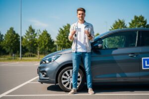 Mladý dospělý s průkazem řidiče a klíči stojí u moderního auta na parkovišti za denního světla.