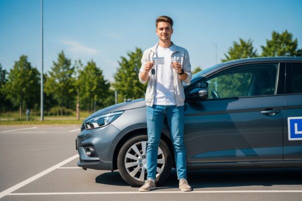 Mladý dospělý s průkazem řidiče a klíči stojí u moderního auta na parkovišti za denního světla.