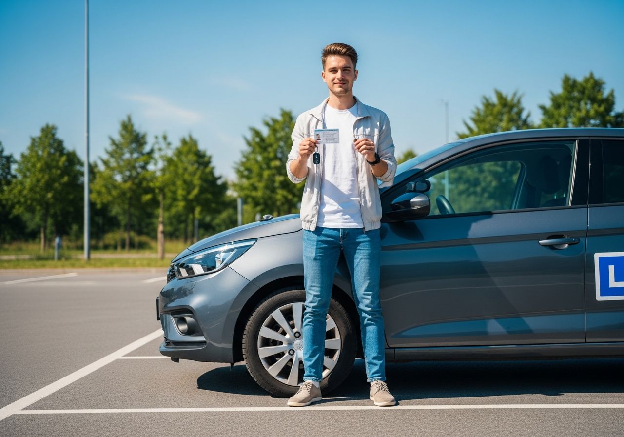 Mladý dospělý s průkazem řidiče a klíči stojí u moderního auta na parkovišti za denního světla.