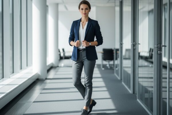 Profesionální žena v kancelářské chodbě v modrém saku a šedých kalhotách při denním světle.