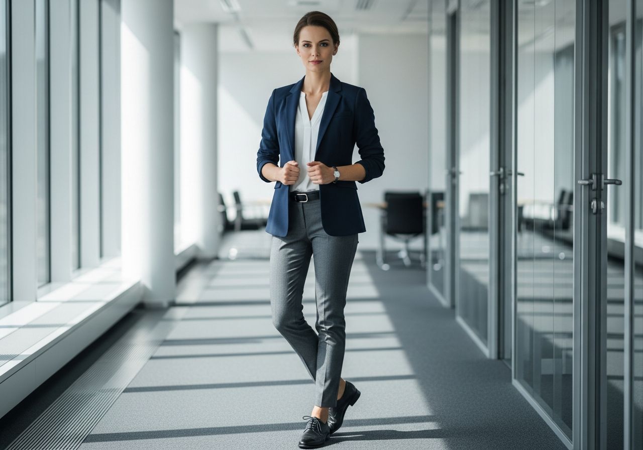 Profesionální žena v kancelářské chodbě v modrém saku a šedých kalhotách při denním světle.