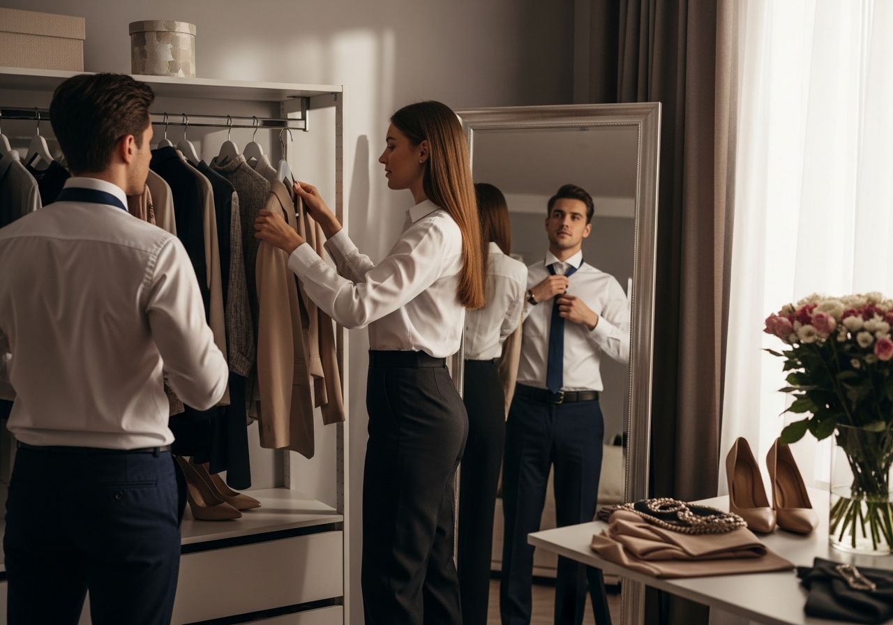 Mladý pár připravuje oblečení a upravuje kravatu před zrcadlem v moderním bytě před rande.