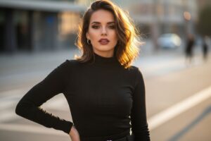 Mladá žena v městském prostředí za zlaté hodiny s výrazným pohledem a módním outfitem.