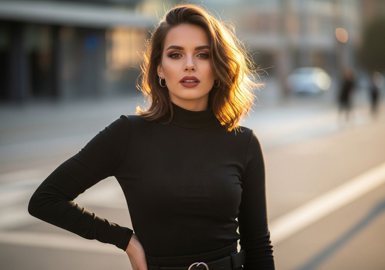 Mladá žena v městském prostředí za zlaté hodiny s výrazným pohledem a módním outfitem.