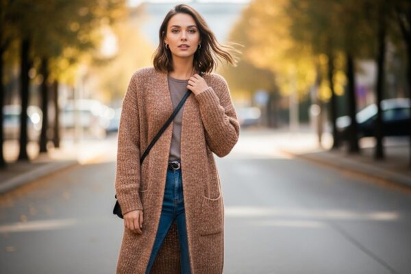 Mladá žena v městském podzimu v cardiganu, džínách a kabele crossbody, komfort a styl každý den