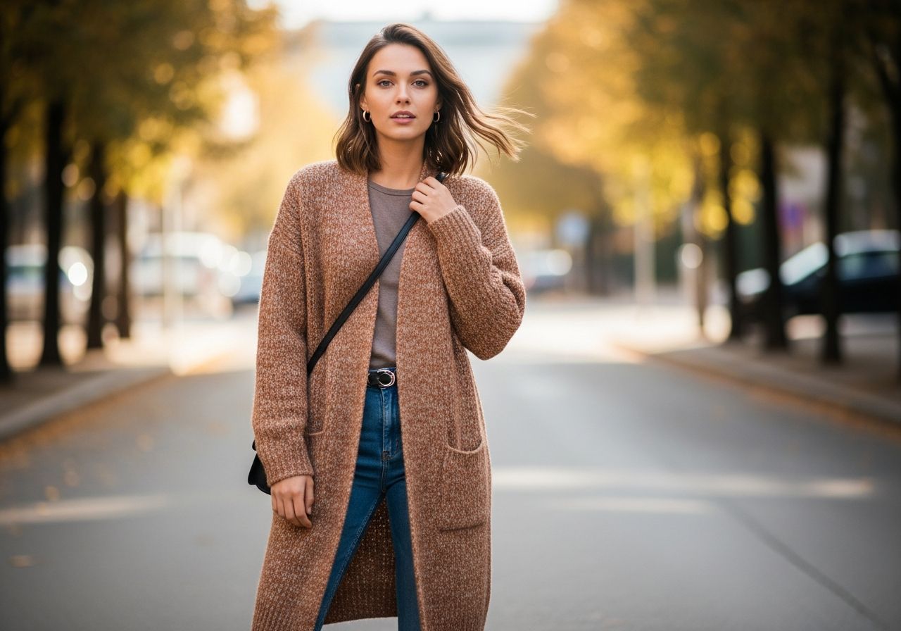 Mladá žena v městském podzimu v cardiganu, džínách a kabele crossbody, komfort a styl každý den