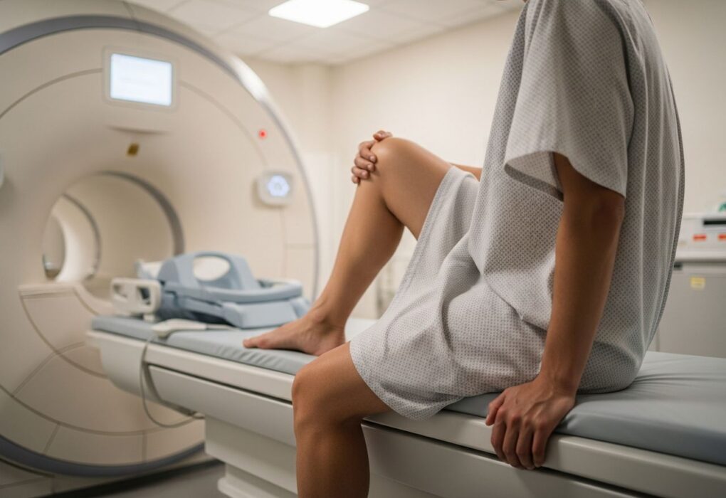 Osoba sedící na vyšetřovacím stole v nemocnici připravující se na MRI vyšetření kolene.
