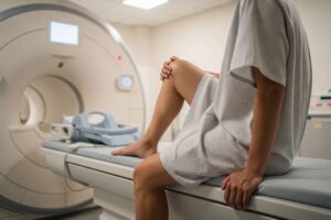 Osoba sedící na vyšetřovacím stole v nemocnici připravující se na MRI vyšetření kolene.
