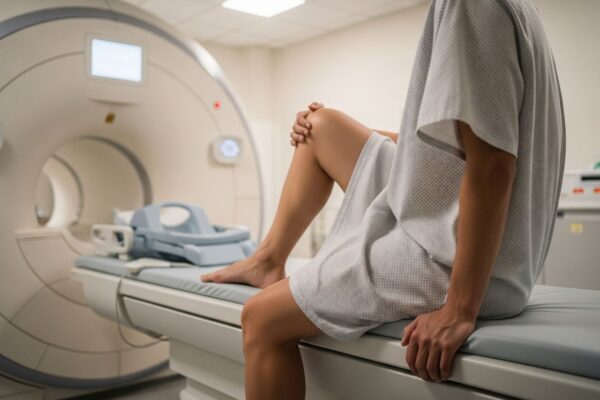 Osoba sedící na vyšetřovacím stole v nemocnici připravující se na MRI vyšetření kolene.