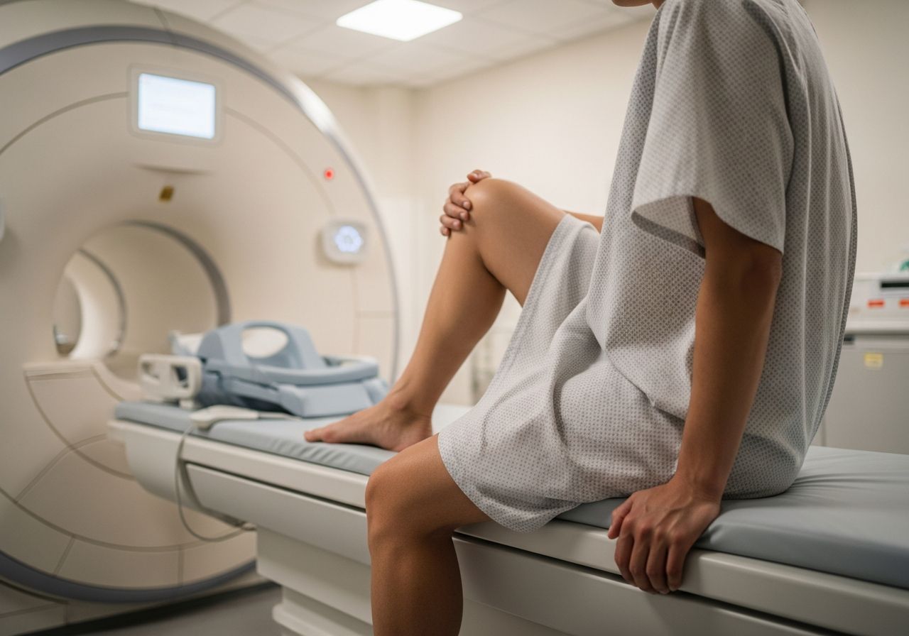Osoba sedící na vyšetřovacím stole v nemocnici připravující se na MRI vyšetření kolene.