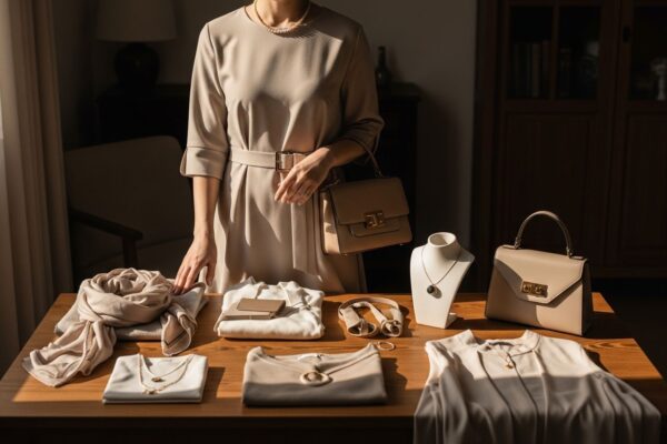 Žena v béžových šatech u stolu s módními doplňky v neutrálních tónech, měkké přirozené světlo