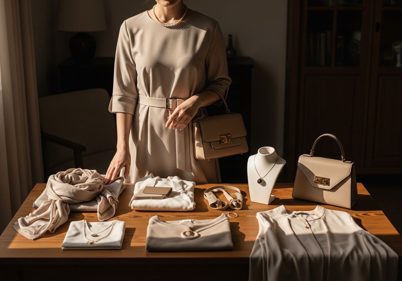Žena v béžových šatech u stolu s módními doplňky v neutrálních tónech, měkké přirozené světlo