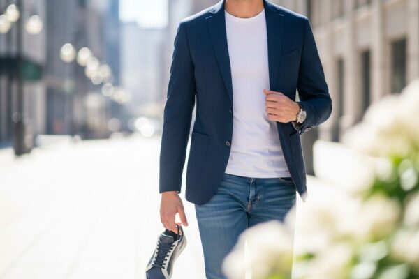 Muž v modrém saku a bílém tričku v městském prostředí s rozmazaným pozadím.