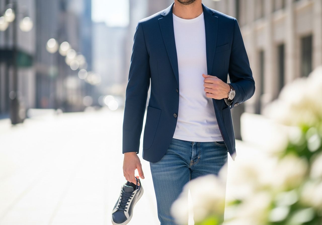 Muž v modrém saku a bílém tričku v městském prostředí s rozmazaným pozadím.