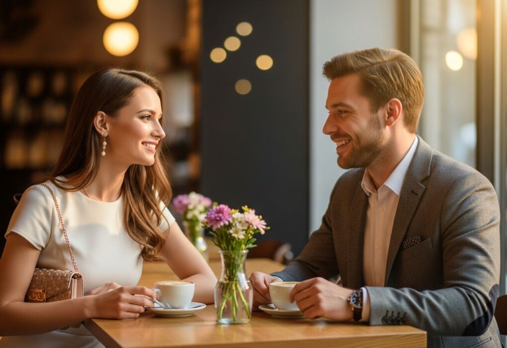Mladý pár na romantické schůzce v městské kavárně, hovoří u stolu s kávou a květinami.