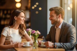 Mladý pár na romantické schůzce v městské kavárně, hovoří u stolu s kávou a květinami.