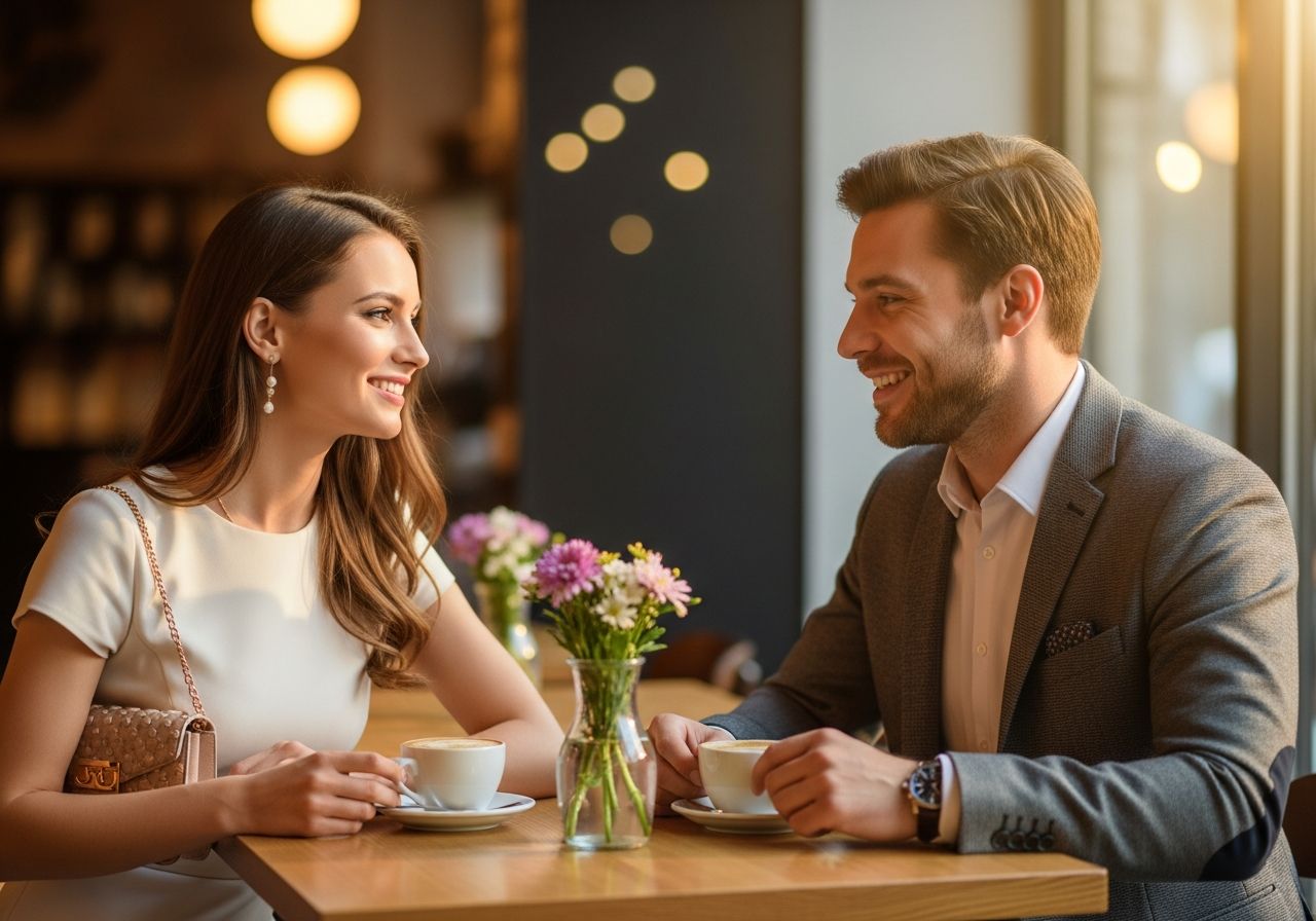 Mladý pár na romantické schůzce v městské kavárně, hovoří u stolu s kávou a květinami.