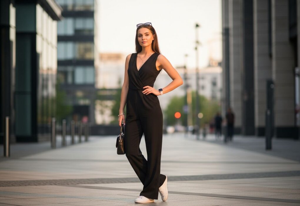 Mladá žena v černém overal s bílými teniskami drží kabelku na městské ulici při zlaté hodině.