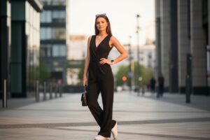 Mladá žena v černém overal s bílými teniskami drží kabelku na městské ulici při zlaté hodině.