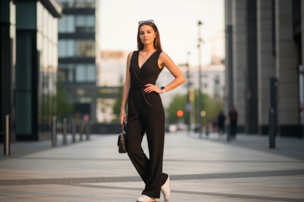 Mladá žena v černém overal s bílými teniskami drží kabelku na městské ulici při zlaté hodině.