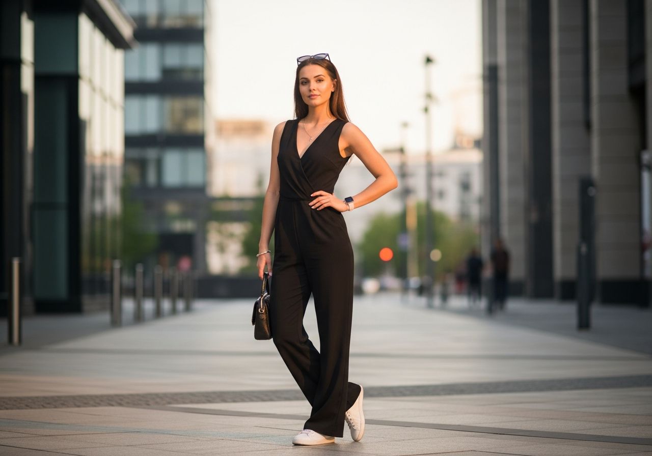 Mladá žena v černém overal s bílými teniskami drží kabelku na městské ulici při zlaté hodině.