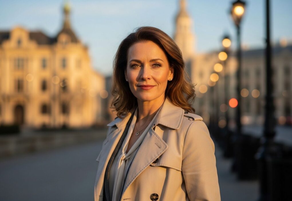 Žena ve věku 50 let v béžovém trenčkotu stojí ve městě za zlaté hodiny se sebevědomým úsměvem.