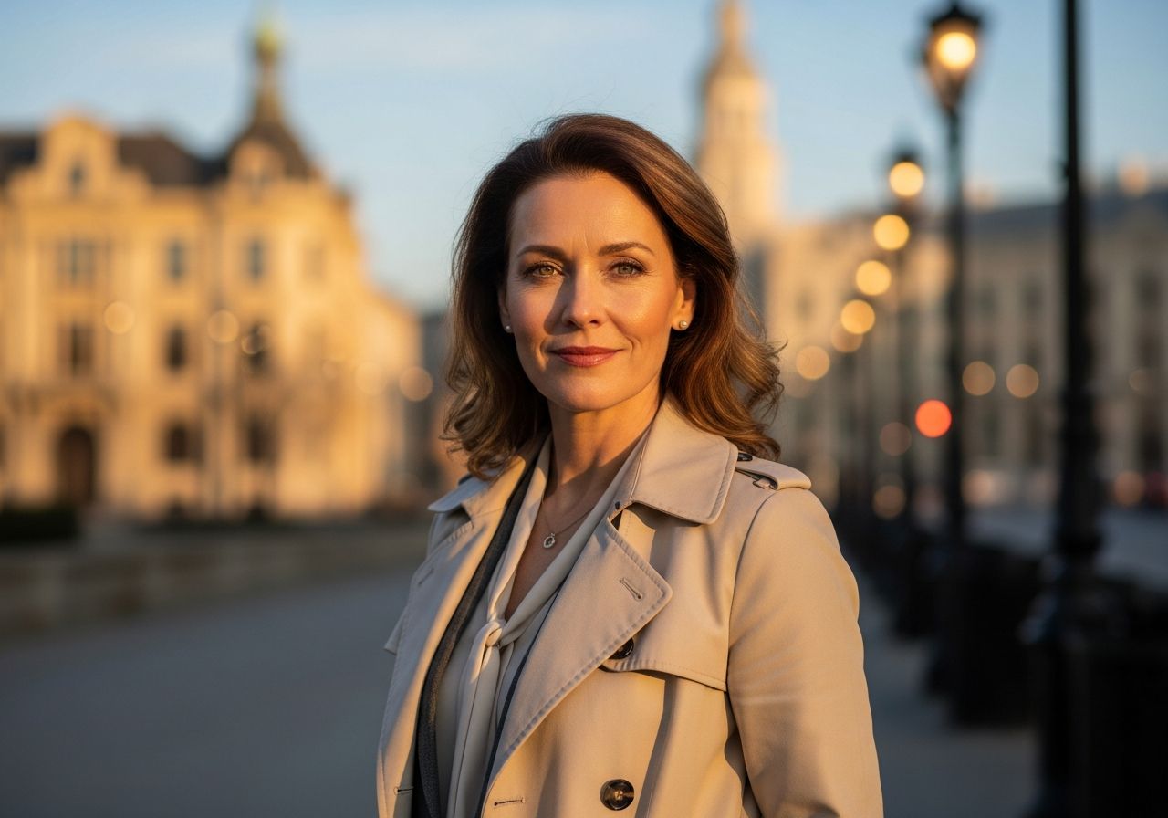 Žena ve věku 50 let v béžovém trenčkotu stojí ve městě za zlaté hodiny se sebevědomým úsměvem.