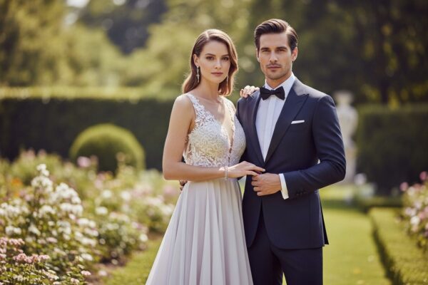 Elegantní pár ve svatebním oblečení pózuje v zahradě s květinami a zelení v přirozeném světle.