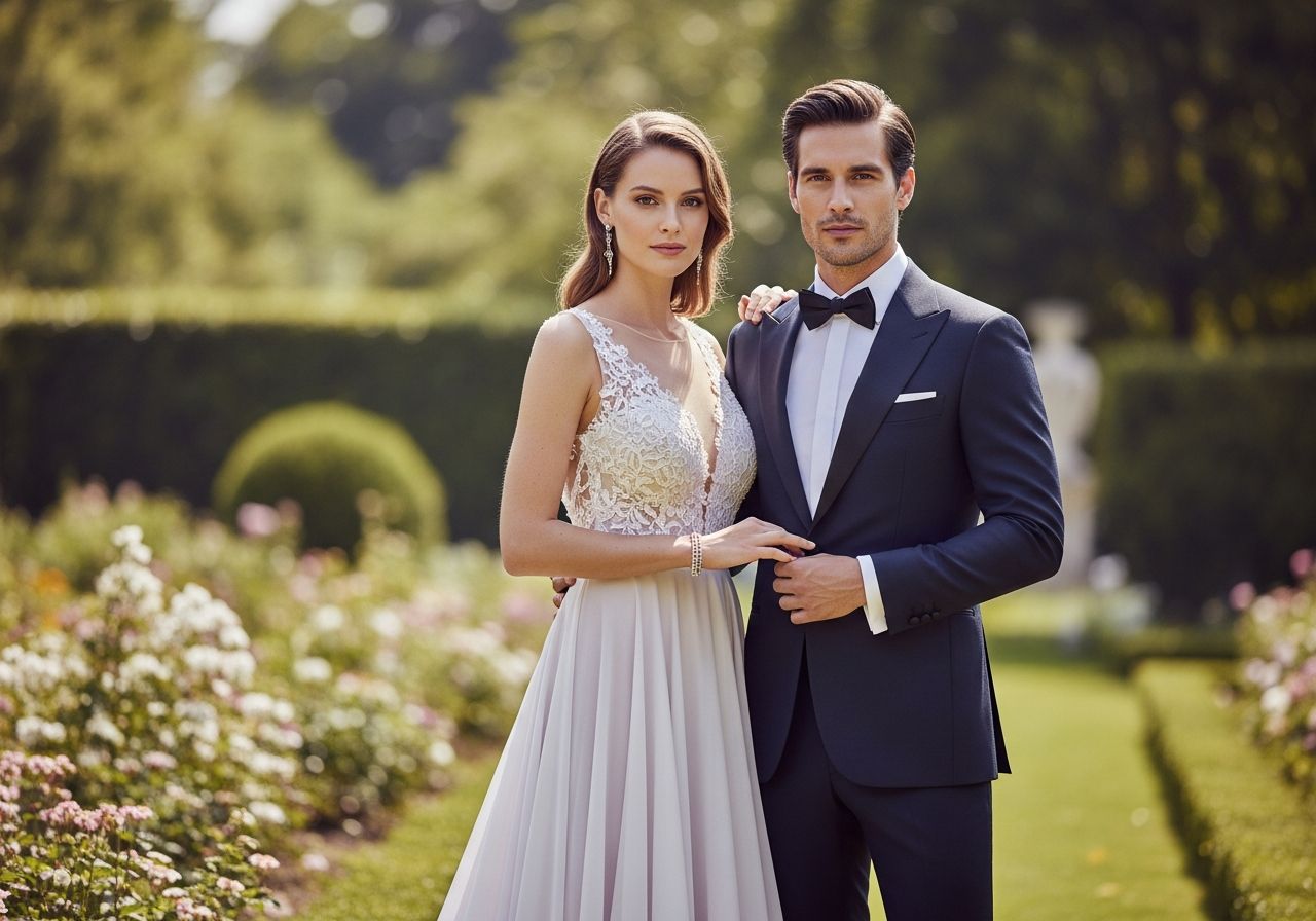 Elegantní pár ve svatebním oblečení pózuje v zahradě s květinami a zelení v přirozeném světle.