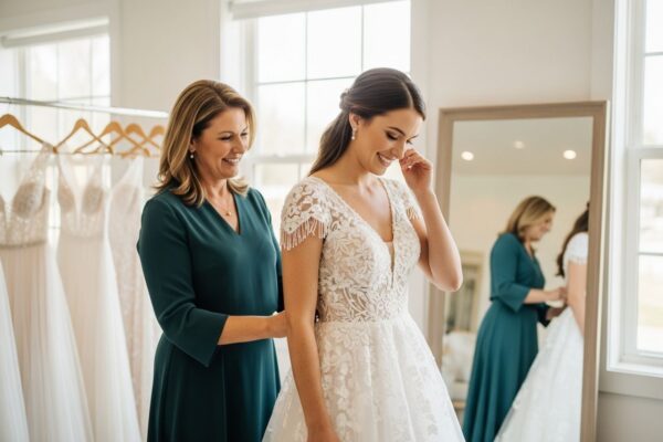 Matka pomáhá dceři vybrat svatební šaty v elegantním ateliéru při slunečném světle.