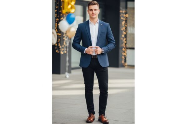 Stylový mladík ve městě slaví 18. narozeniny v tmavém saku, bílé košili a balónky v pozadí.