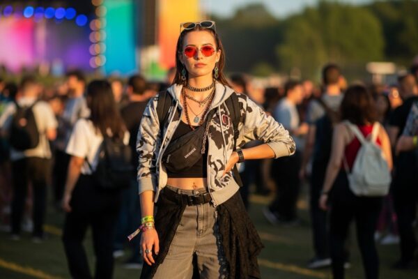 Mladá žena v originálním oblečení na hudebním festivalu během zlaté hodiny mezi davem lidí.