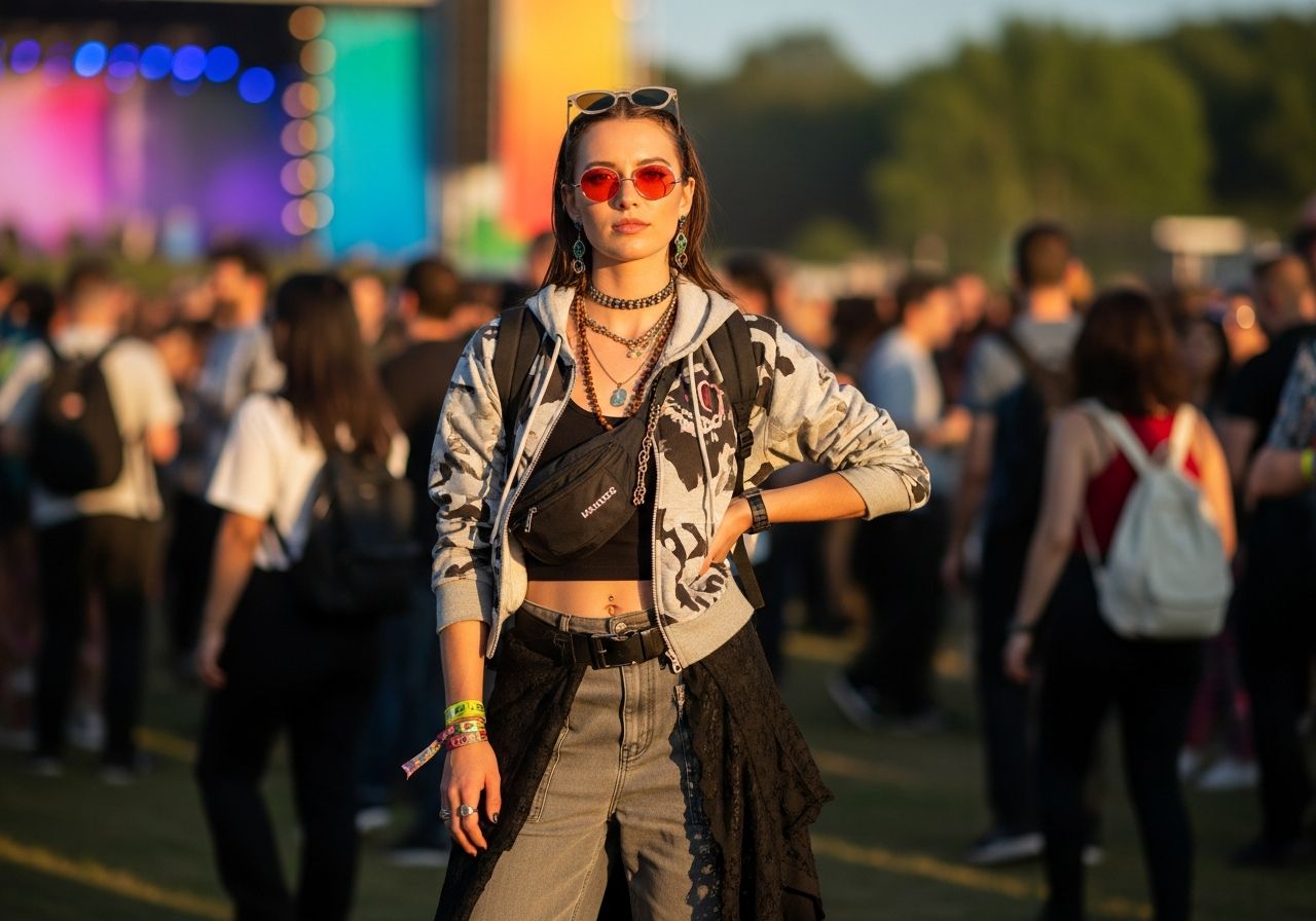 Mladá žena v originálním oblečení na hudebním festivalu během zlaté hodiny mezi davem lidí.