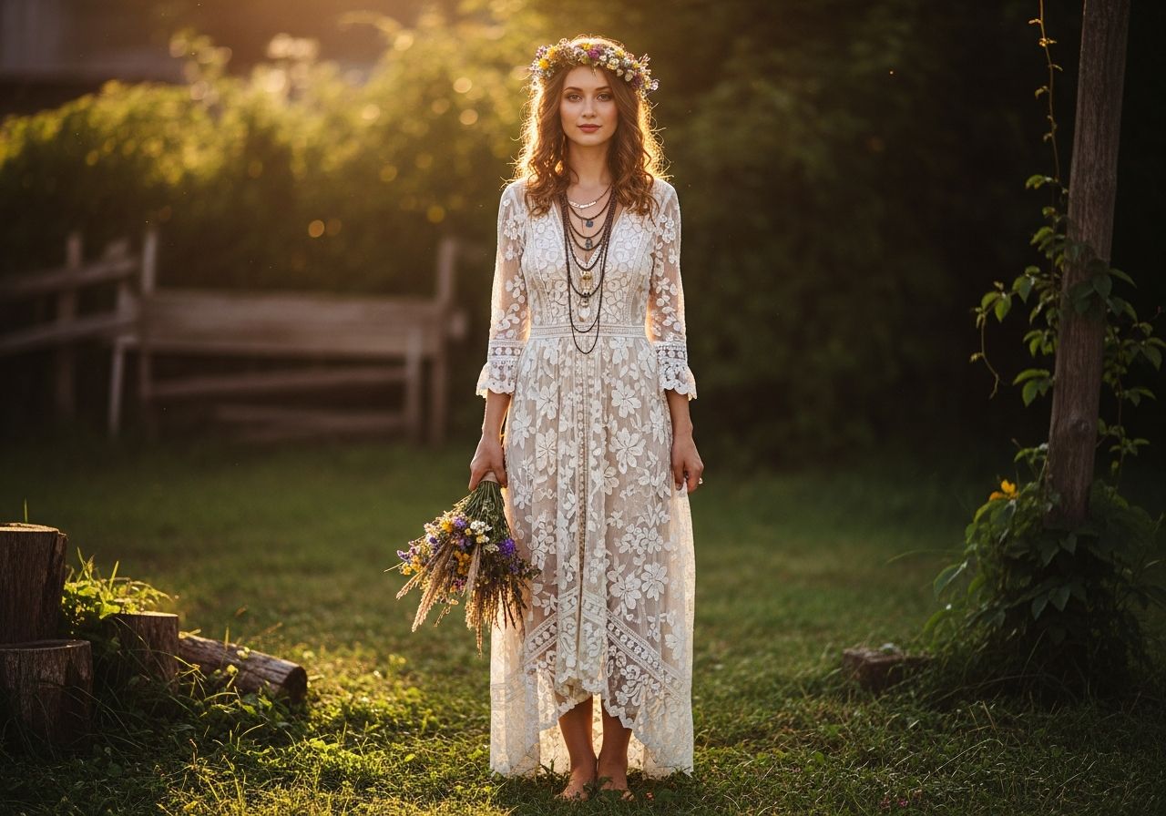 Mladá žena v boho svatební šatech s květinovou korunou a kyticí stojí bosá na trávě v zahradě při zlaté hodině