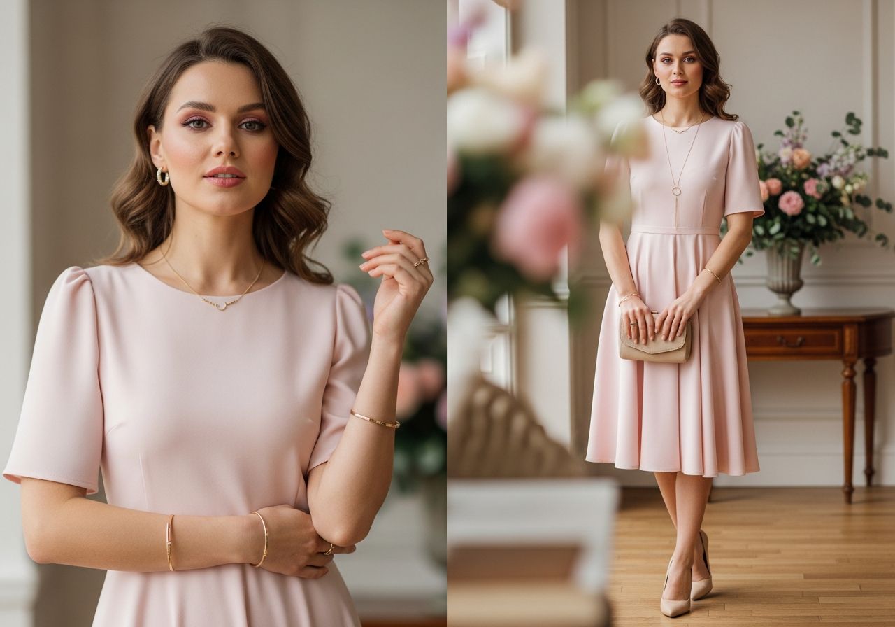 Žena v růžových šatech s jemným zlatým šperkem drží béžovou kabelku v elegantním interiéru