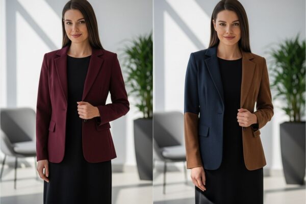 Žena v černých šatech a elegantním saku stojí v moderním interiéru s jemným osvětlením