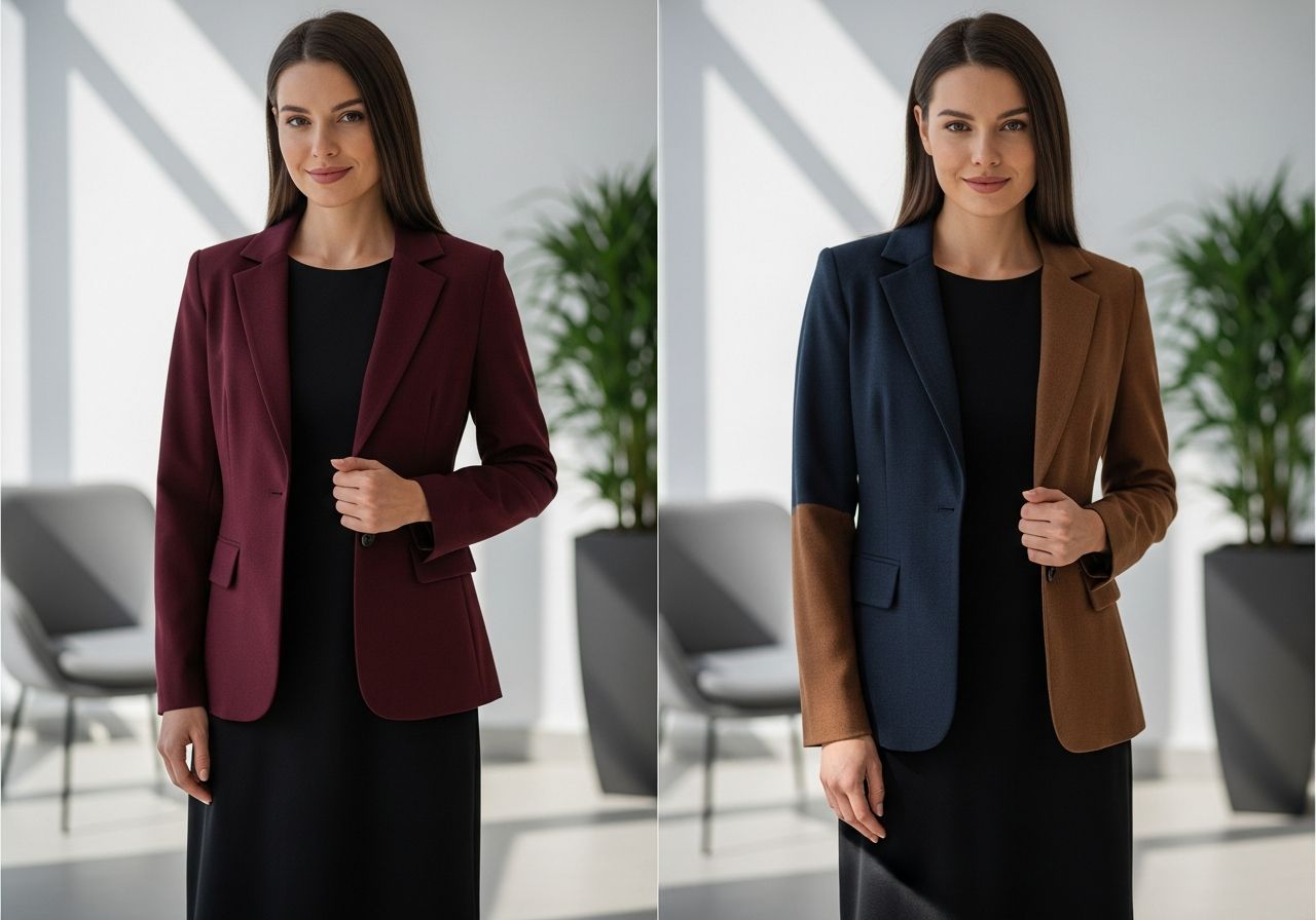 Žena v černých šatech a elegantním saku stojí v moderním interiéru s jemným osvětlením