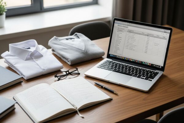 Uspořádaný pracovní stůl s notebookem, notebookem, brýlemi a připraveným oblečením na zkoušky.