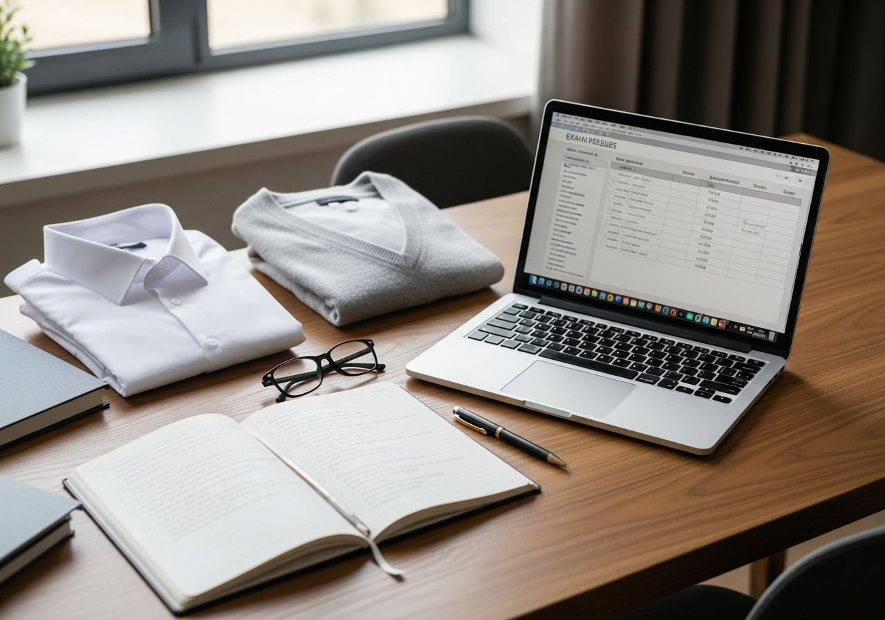 Uspořádaný pracovní stůl s notebookem, notebookem, brýlemi a připraveným oblečením na zkoušky.