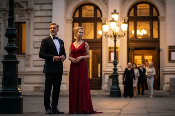 Elegantní pár v formálním oblečení před historickou operou ve večerním osvětlení