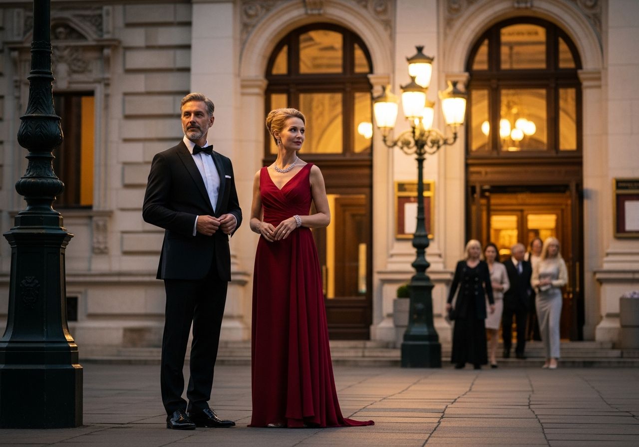 Elegantní pár v formálním oblečení před historickou operou ve večerním osvětlení