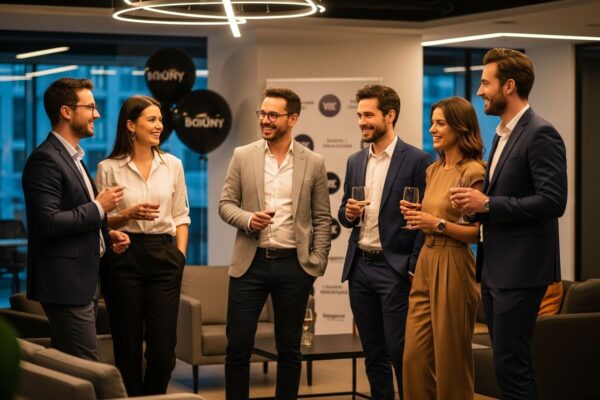 Skupina kolegů na firemní oslavě v moderní kanceláři s přátelskou atmosférou a nápoji v rukou