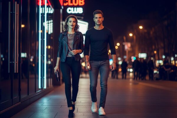 Módní pár odchází z moderního klubu v noci na rušné městské ulici s neonovými světly.