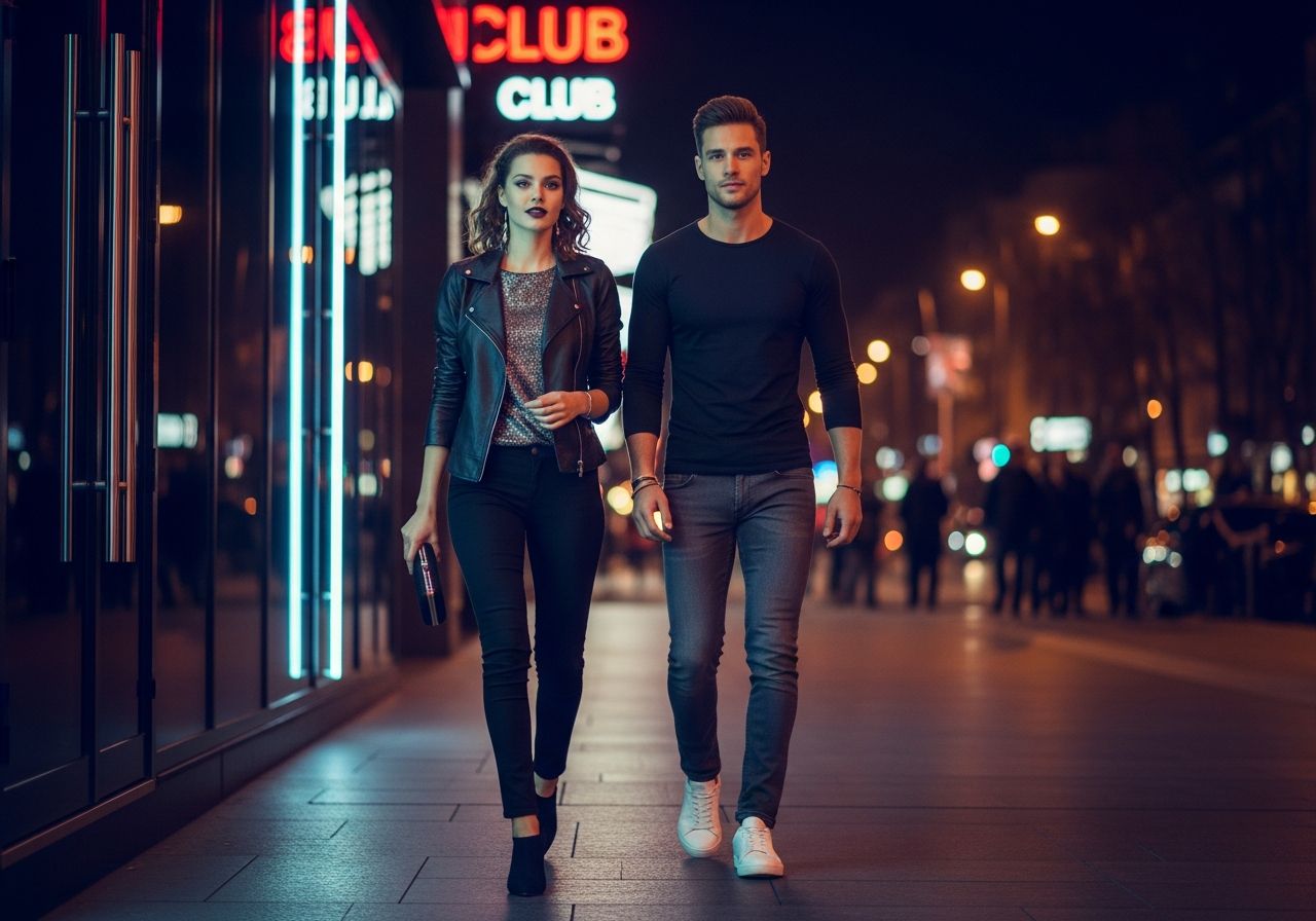 Módní pár odchází z moderního klubu v noci na rušné městské ulici s neonovými světly.
