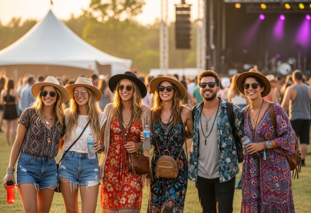 Mladí lidé na venkovním hudebním festivalu během zlaté hodiny s doplňky a festivalovým vybavením.
