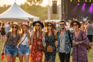 Mladí lidé na venkovním hudebním festivalu během zlaté hodiny s doplňky a festivalovým vybavením.